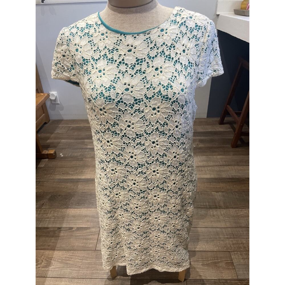Ivory Lace And Teal Cap Sleeve Knee Length ALine Dress 12 Fairy Boho Western Vtg
